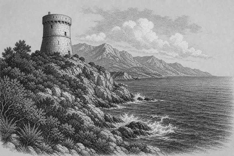 Illustrazione a tratto della costa rocciosa della Corsica con una torre genovese sul promontorio