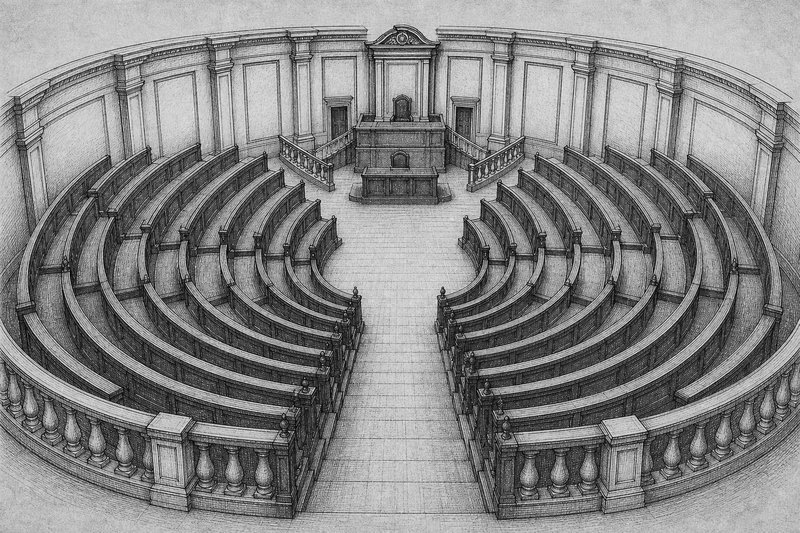 Illustrazione a tratto di un emiciclo parlamentare visto dall'alto, con i banchi divisi in due metà