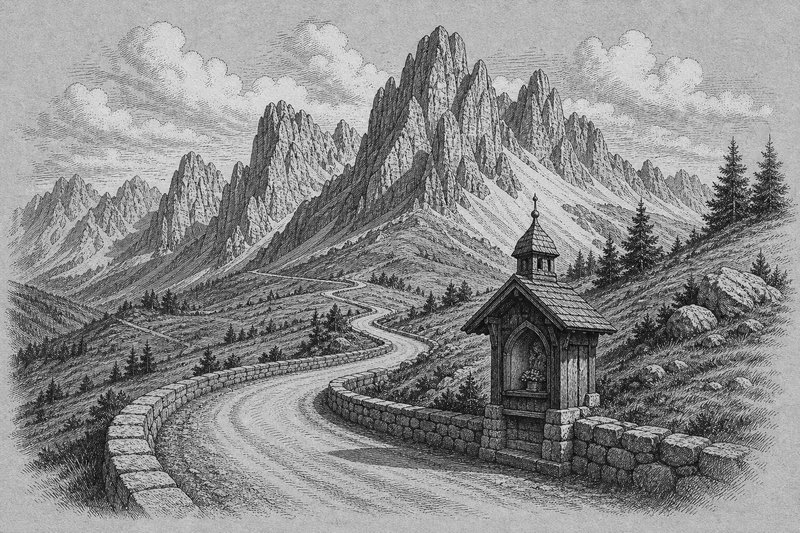 Illustrazione a tratto di un passo alpino con un cartello stradale bilingue e le cime dolomitiche sullo sfondo