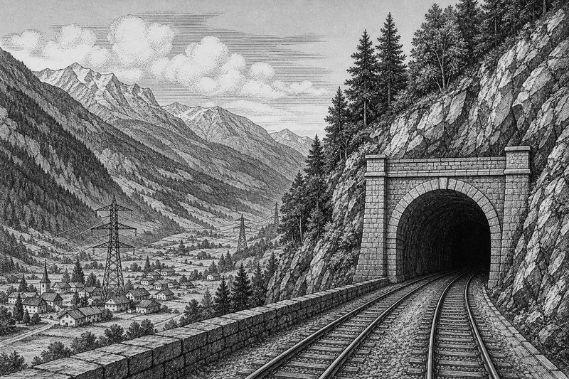 Illustrazione a tratto dell'imbocco di una galleria ferroviaria in una valle alpina, con i binari che si perdono verso le montagne