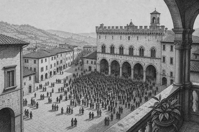 Incisione di una piazza affollata davanti a un palazzo comunale porticato, vista da un balcone