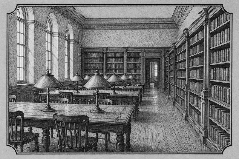 Incisione di una sala di lettura ottocentesca con lunghi tavoli, lampade e scaffali di libri