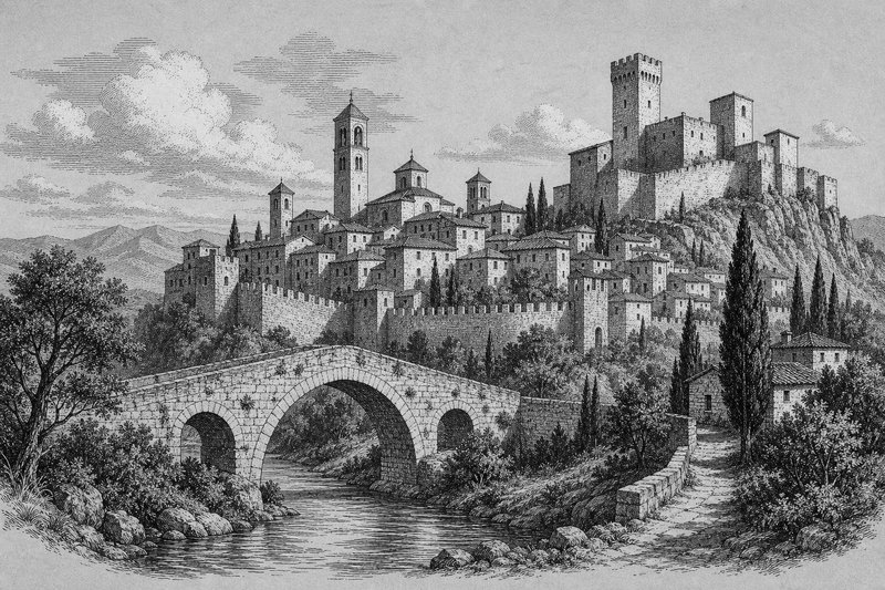 Incisione di un borgo collinare murato con torri, una rocca e un ponte in pietra sul fiume